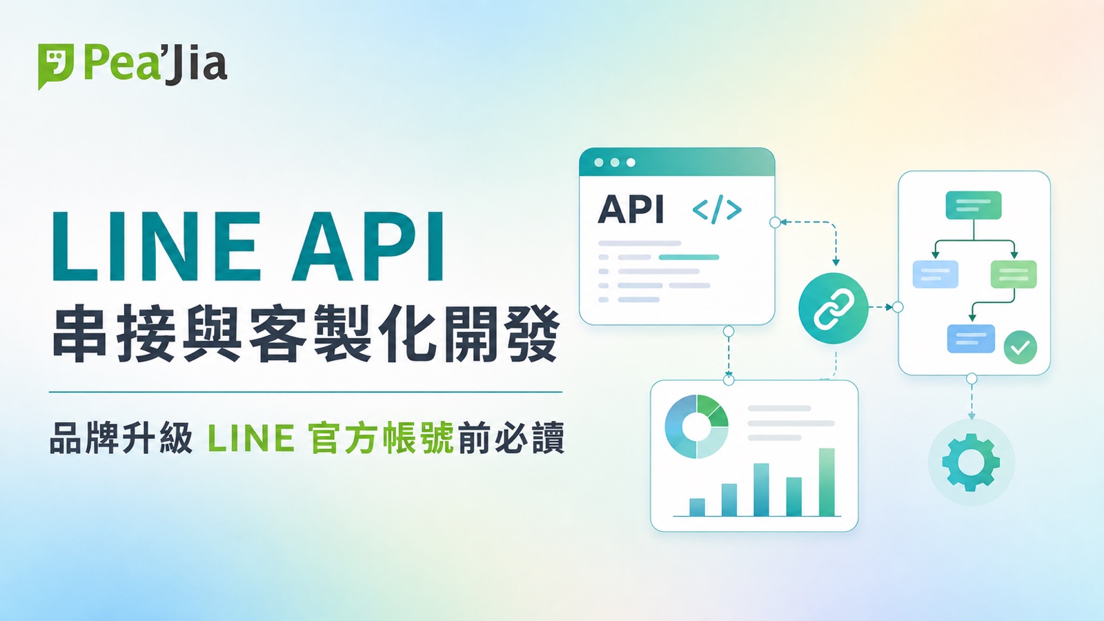 LINE API串接與客製化開發封面圖，Pea'Jia插畫風格，API程式碼視窗、資料圖表與自動化流程圖示以連結線串接，標題文字「LINE API串接與客製化開發，品牌升級LINE官方帳號前必讀」